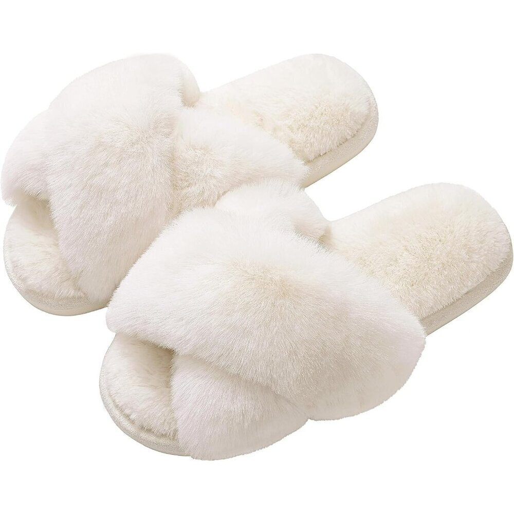 🆕Women's White Fuzzy Slippers Cross Band Memory Foam Faux-fur Open Toe Shoes - Picture 7 of 13